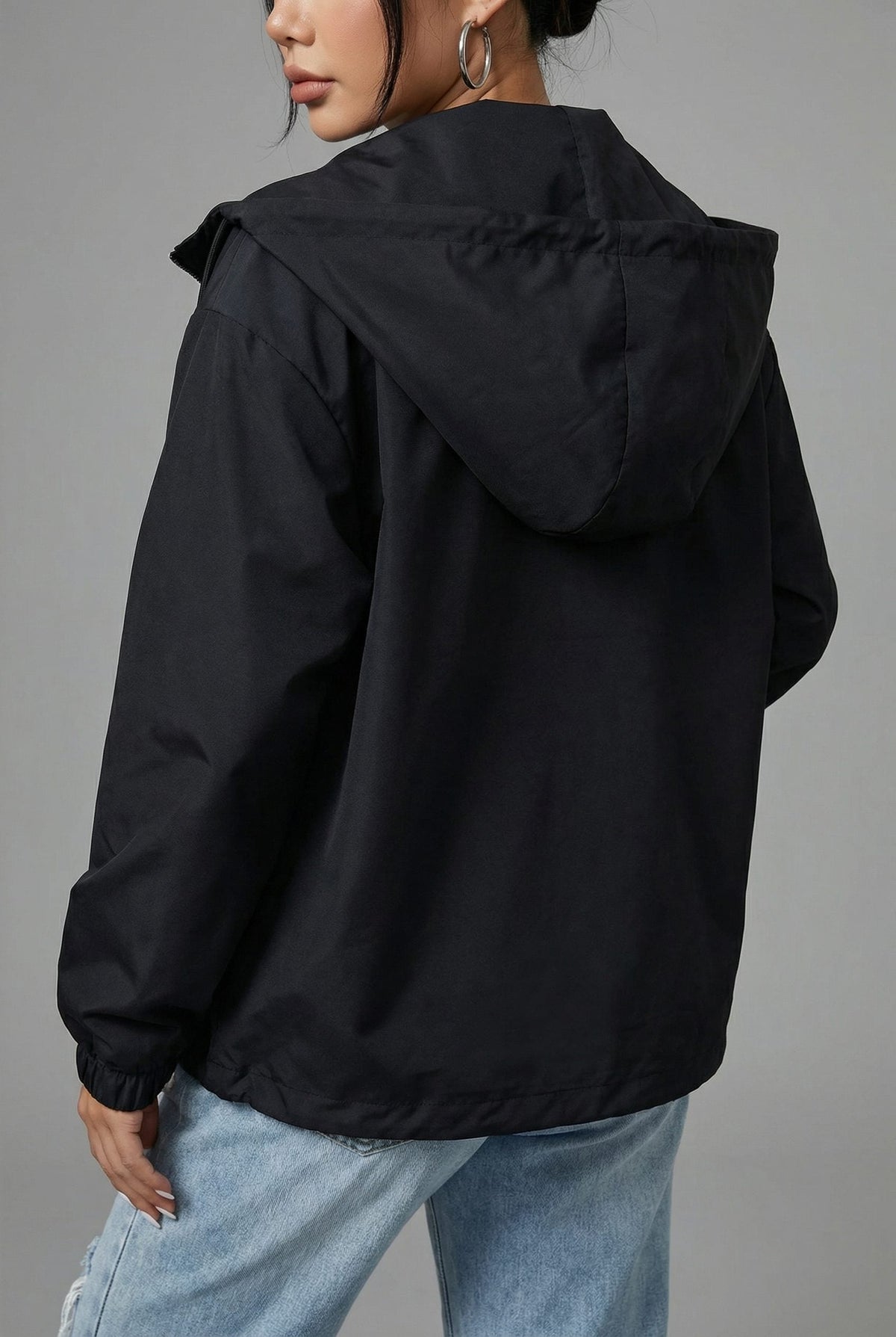 Cropped Hooded Jacket with Flap Pockets - Black