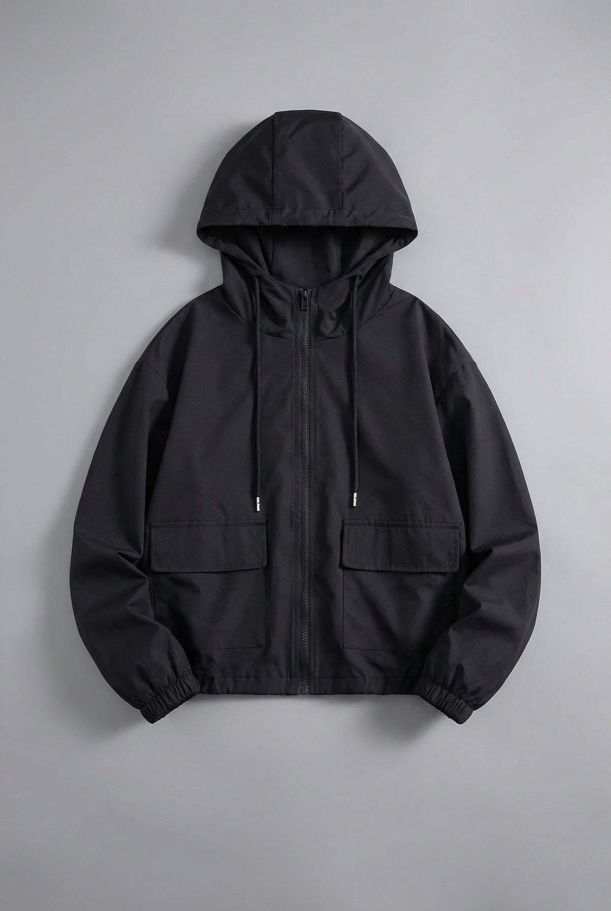 Cropped Hooded Jacket with Flap Pockets - Black