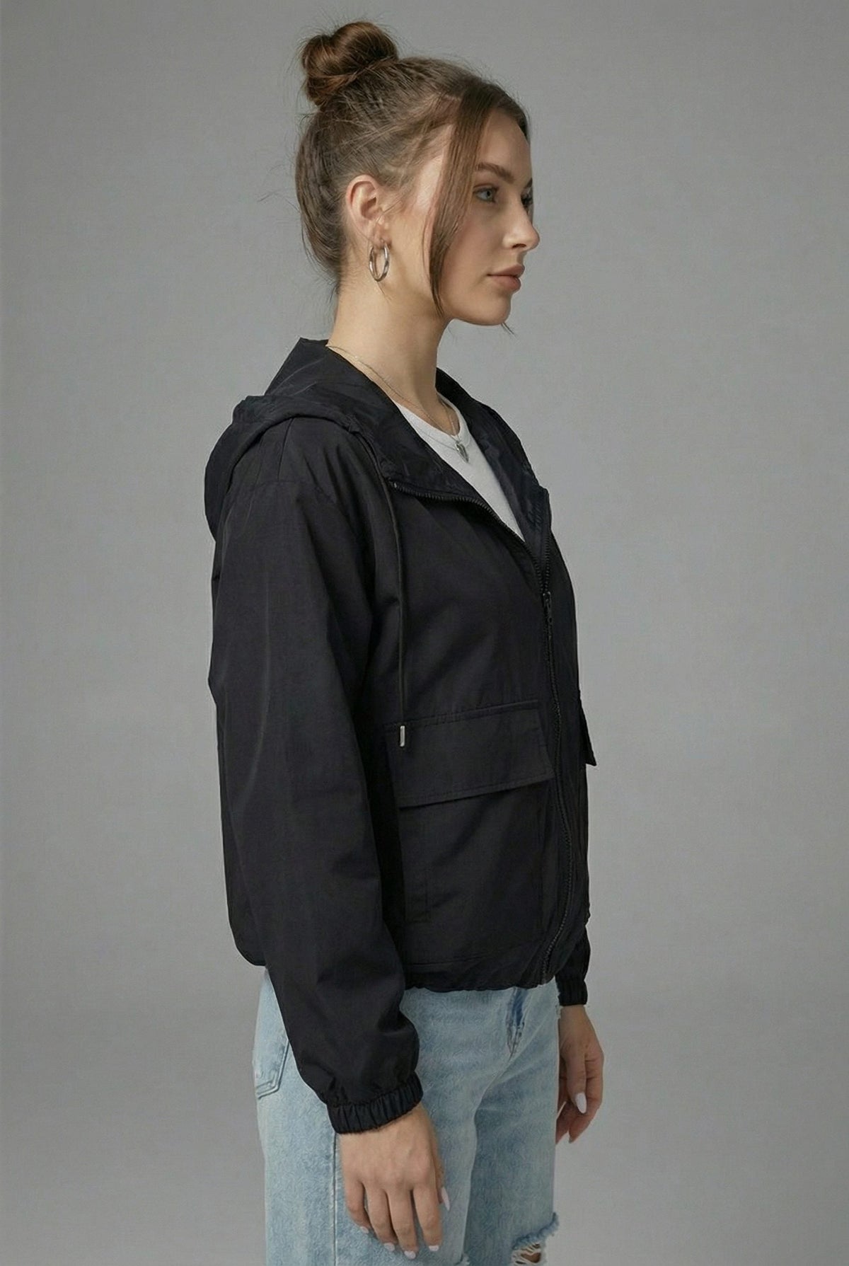 Cropped Hooded Jacket with Flap Pockets - Black