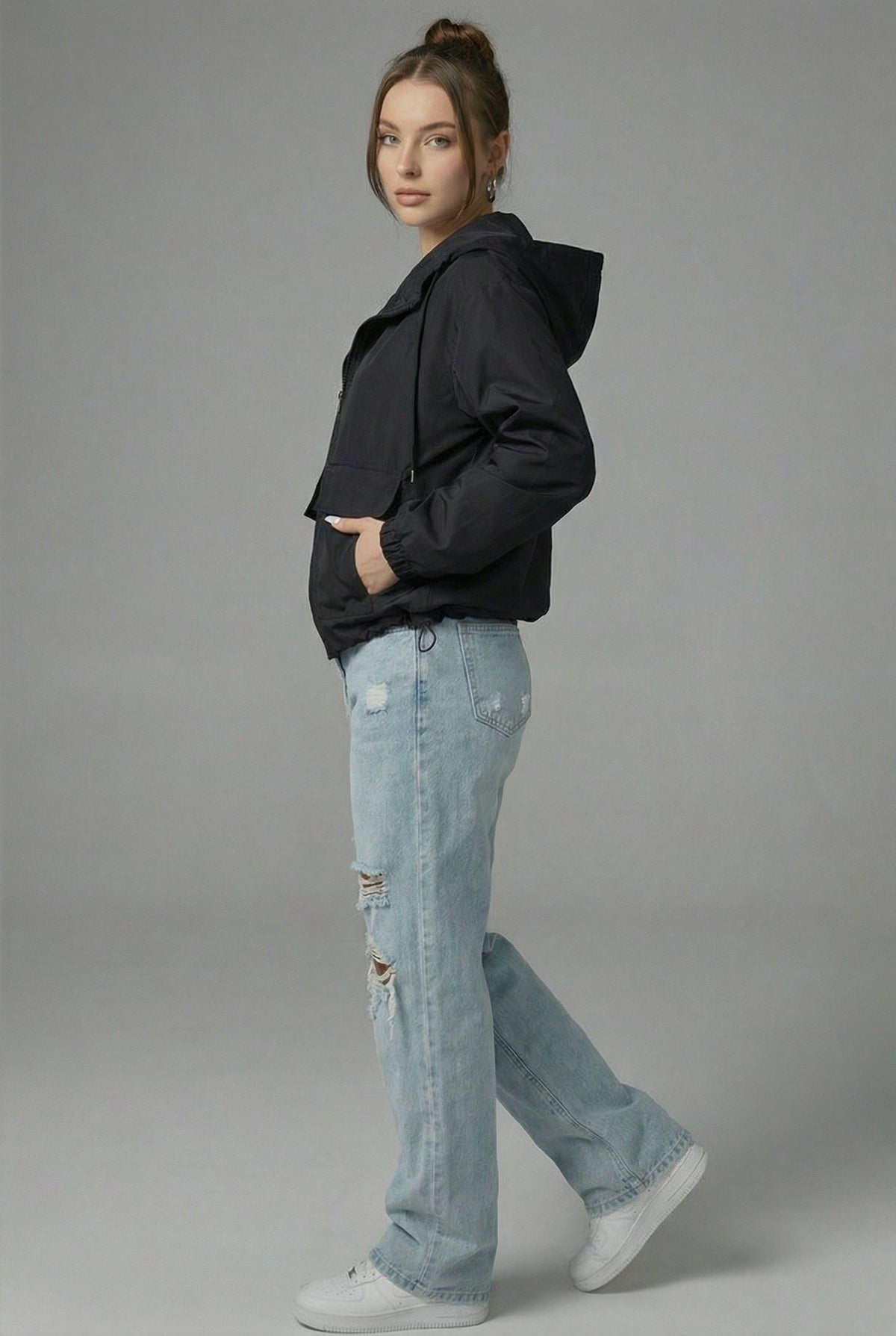 Cropped Hooded Jacket with Flap Pockets - Black