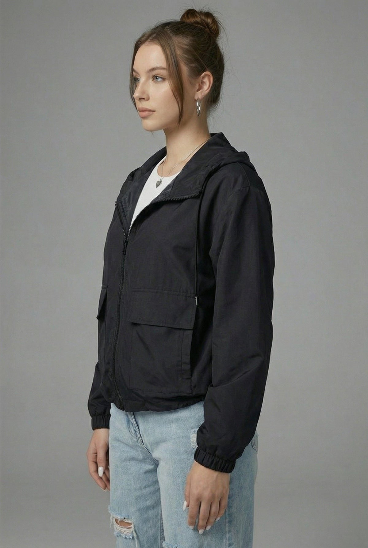 Cropped Hooded Jacket with Flap Pockets - Black