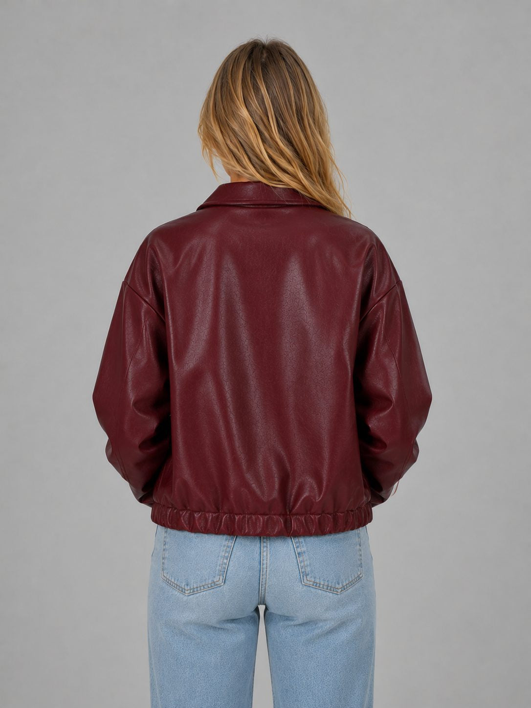 Cropped Leather-Look Zip Jacket with Point Collar - Burgundy