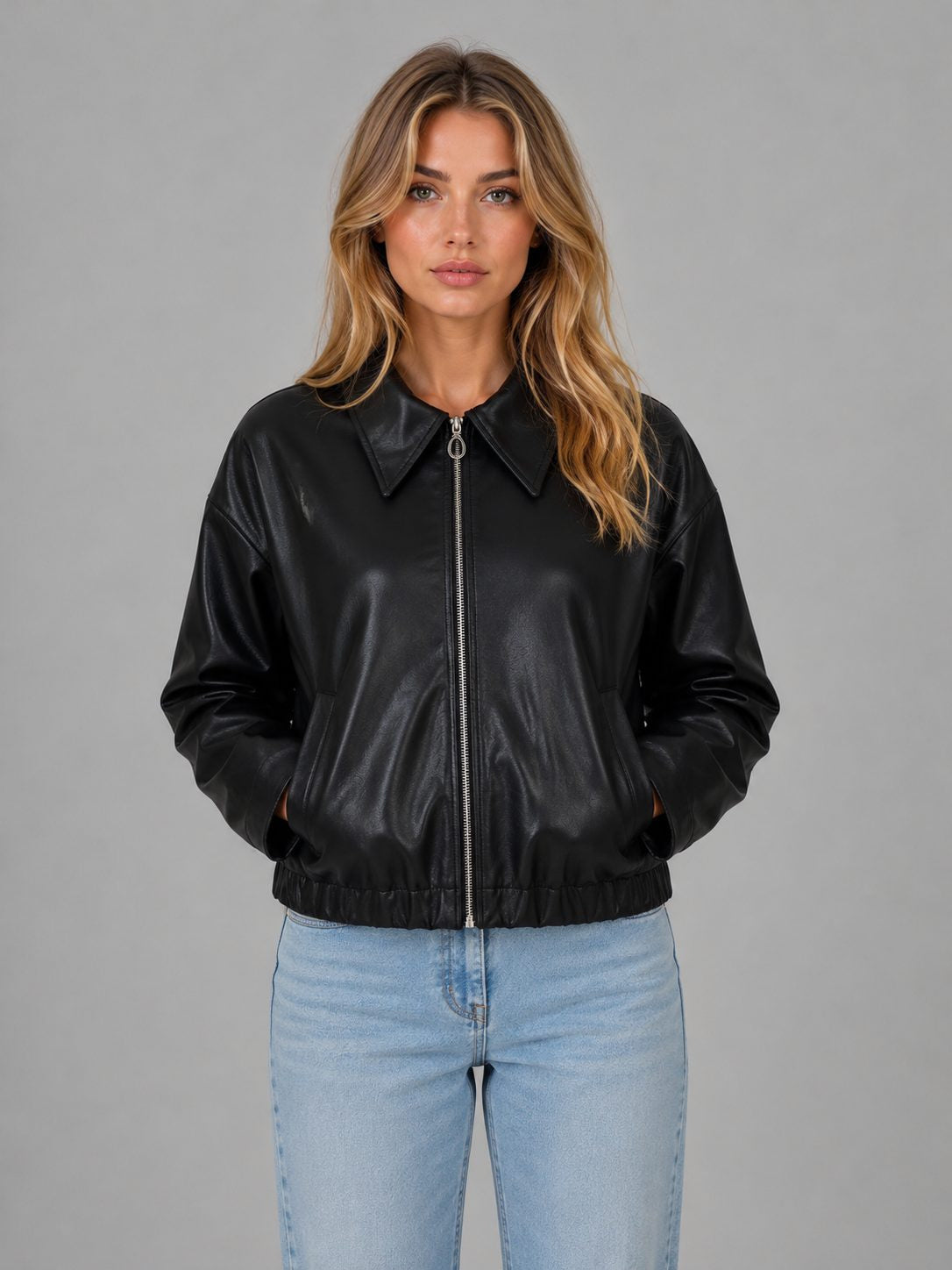 Cropped Leather-Look Zip Jacket with Point Collar - Black