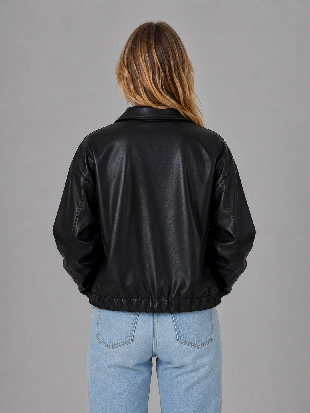Cropped Leather-Look Zip Jacket with Point Collar - Black