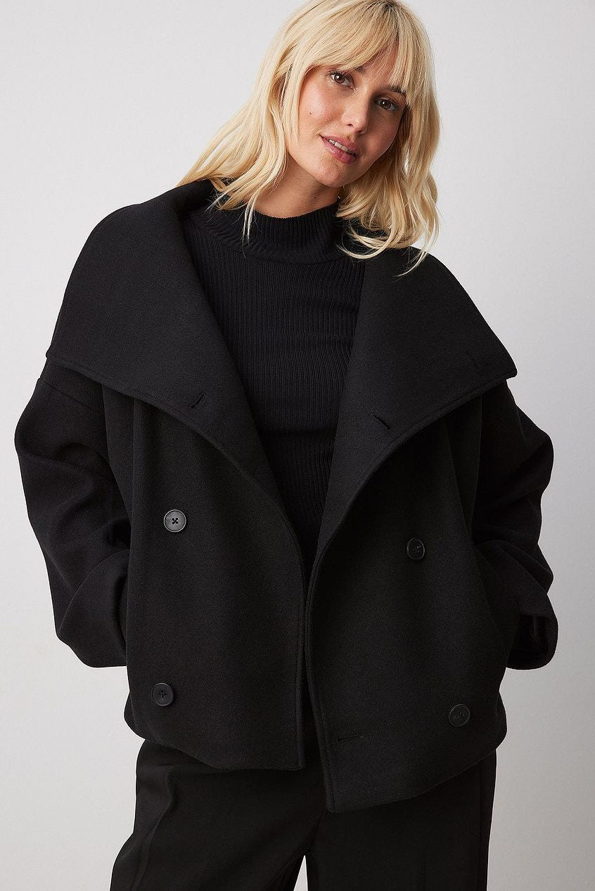 Double-Breasted Short Jacket with Wide Collar - Black