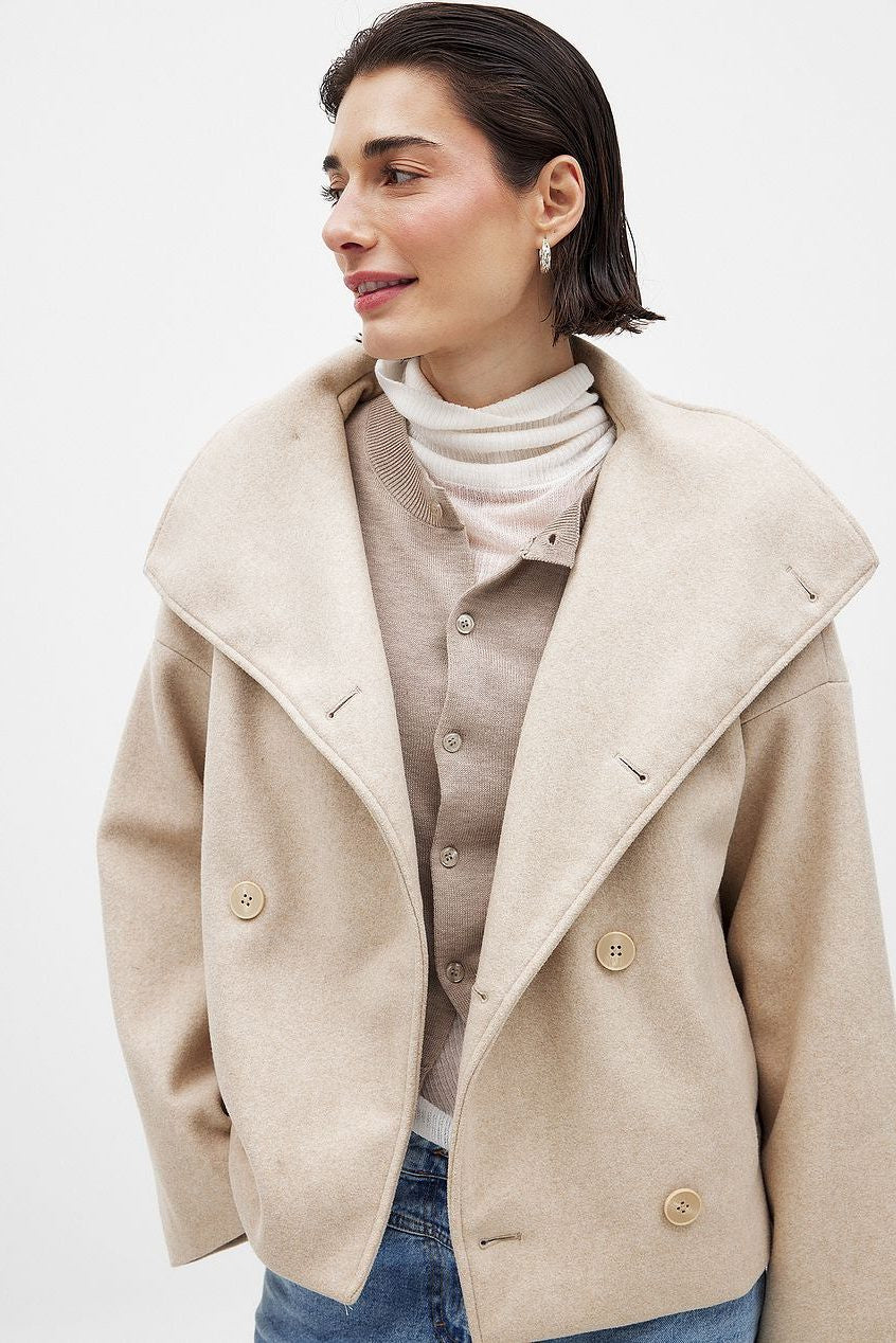 Double-Breasted Short Jacket with Wide Collar - Beige