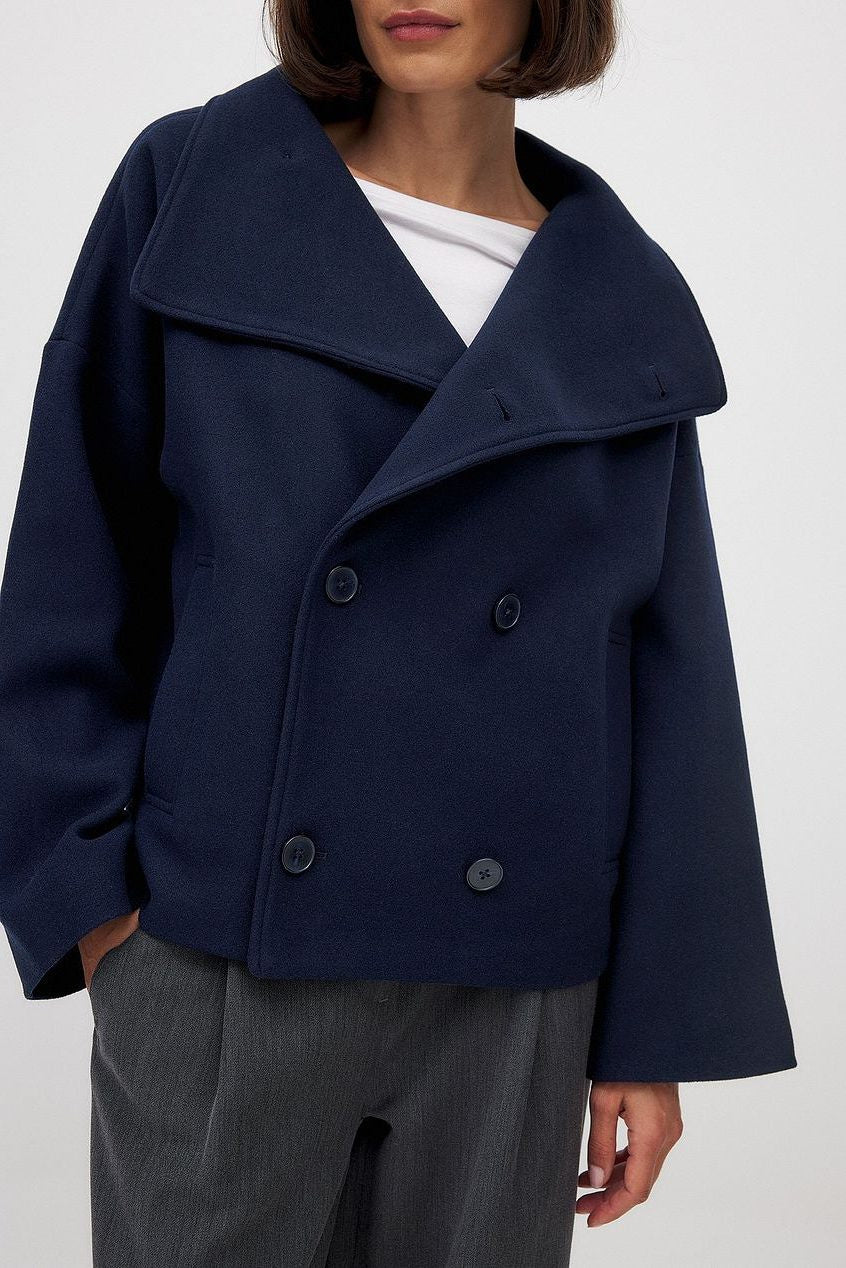 Double-Breasted Short Jacket with Wide Collar - Navy