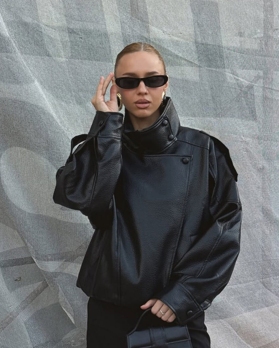 Faux Leather Funnel-Neck Jacket with Gathered Hem - Black
