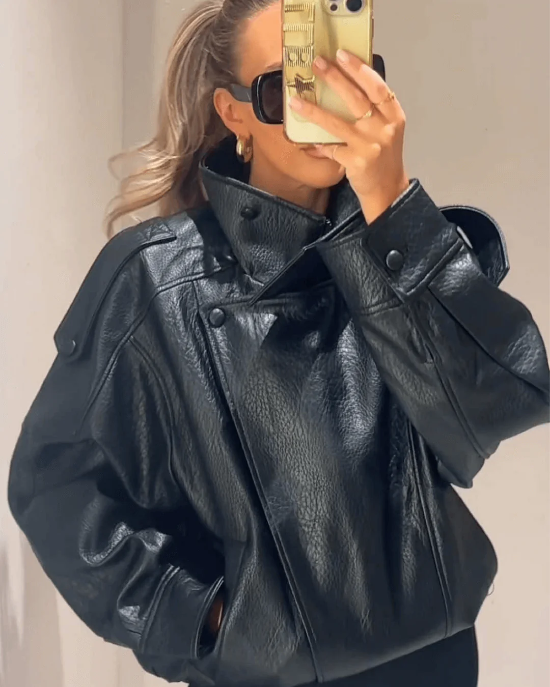 Faux Leather Funnel-Neck Jacket with Gathered Hem - Black