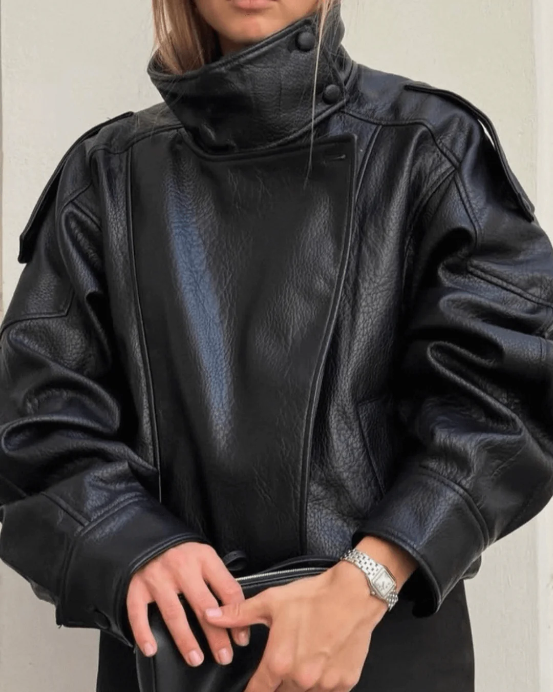 Faux Leather Funnel-Neck Jacket with Gathered Hem - Black