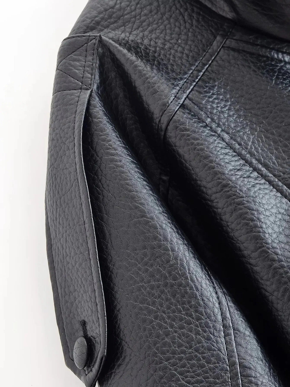 Faux Leather Funnel-Neck Jacket with Gathered Hem - Black