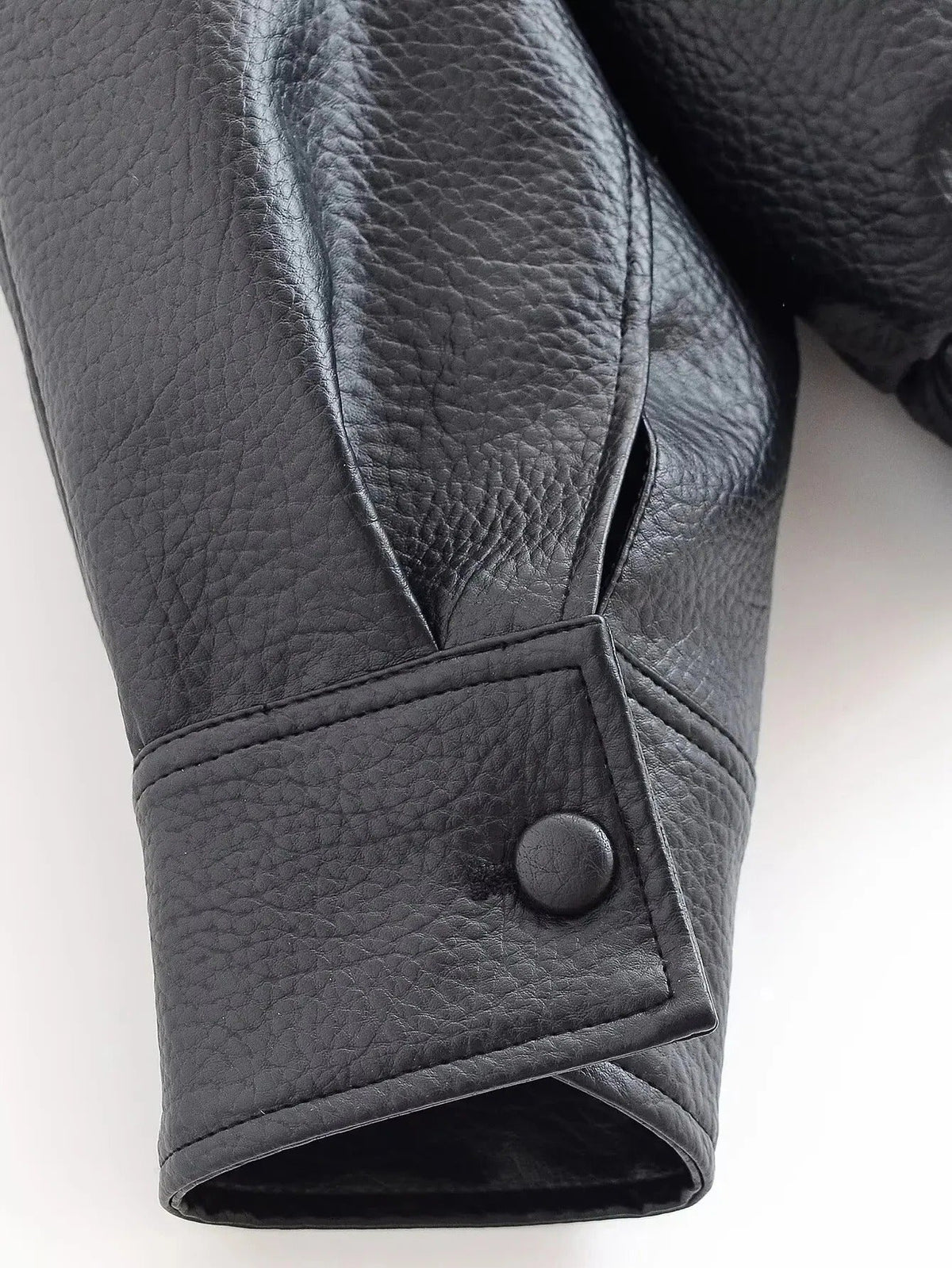 Faux Leather Funnel-Neck Jacket with Gathered Hem - Black