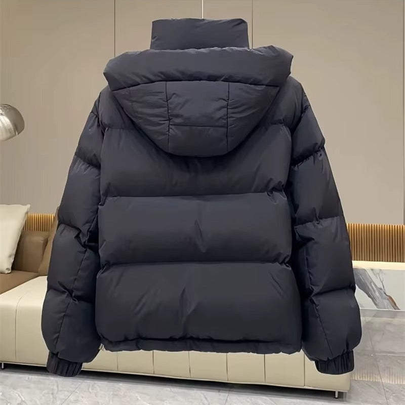 High-Neck Hooded Puffer Jacket with Snap Placket - Black