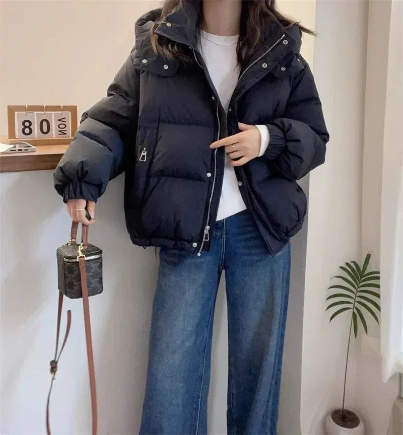 High-Neck Hooded Puffer Jacket with Snap Placket - Black