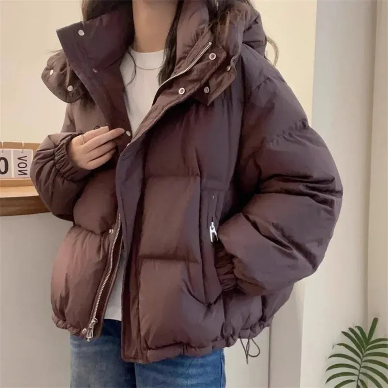 High-Neck Hooded Puffer Jacket with Snap Placket - Brown