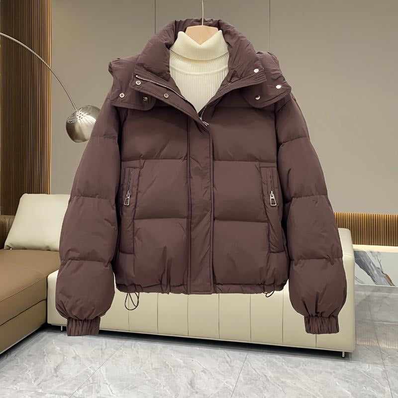 High-Neck Hooded Puffer Jacket with Snap Placket - Brown
