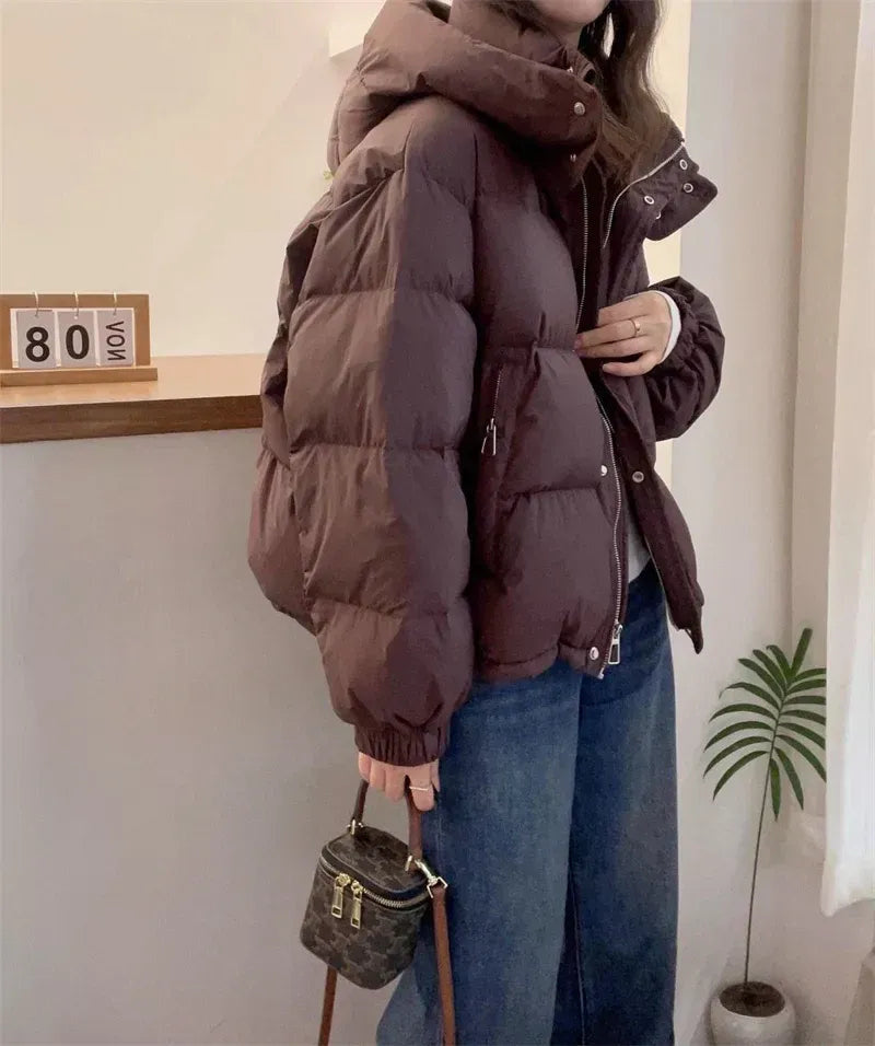 High-Neck Hooded Puffer Jacket with Snap Placket - Brown