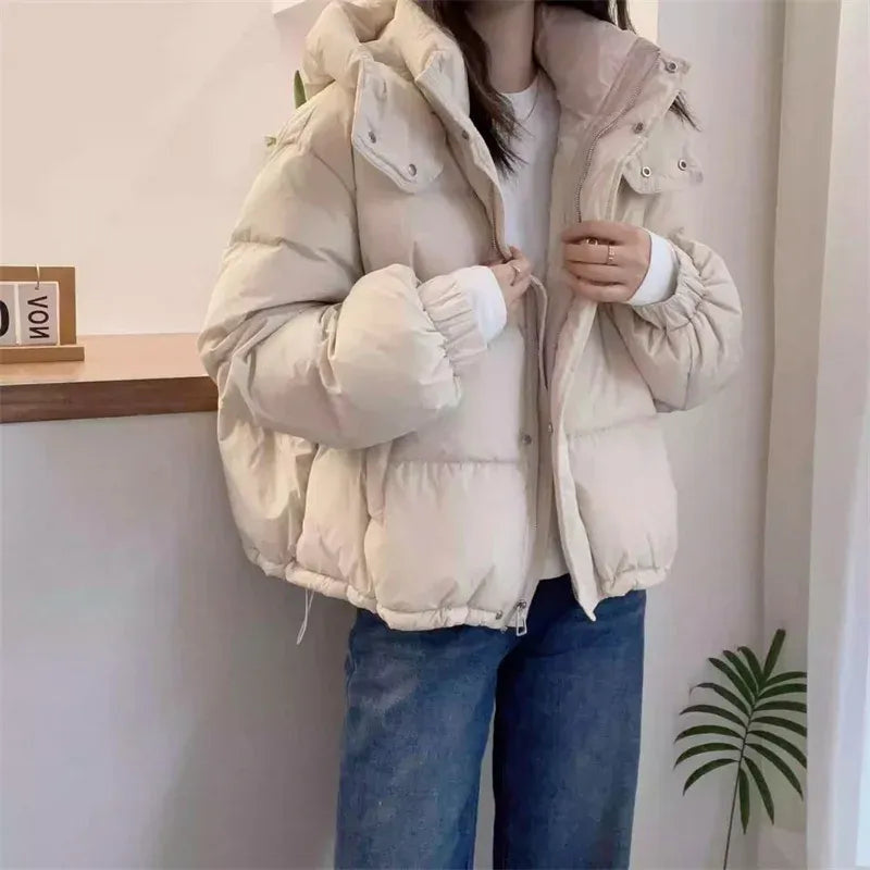 High-Neck Hooded Puffer Jacket with Snap Placket - White