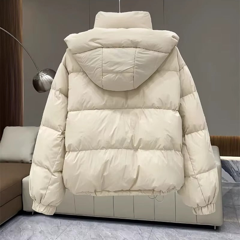 High-Neck Hooded Puffer Jacket with Snap Placket - White