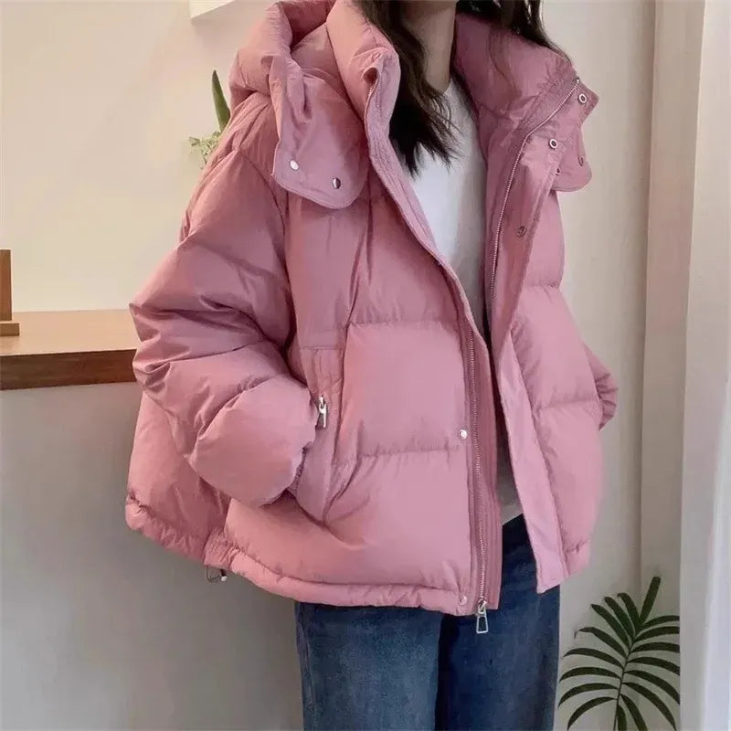 High-Neck Hooded Puffer Jacket with Snap Placket - Pink
