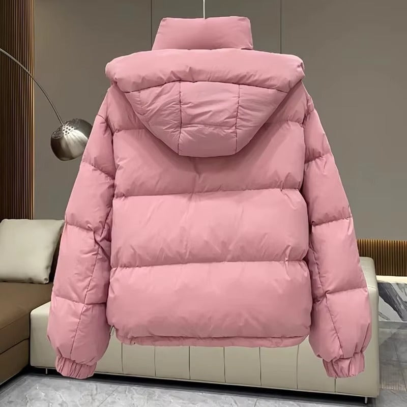 High-Neck Hooded Puffer Jacket with Snap Placket - Pink