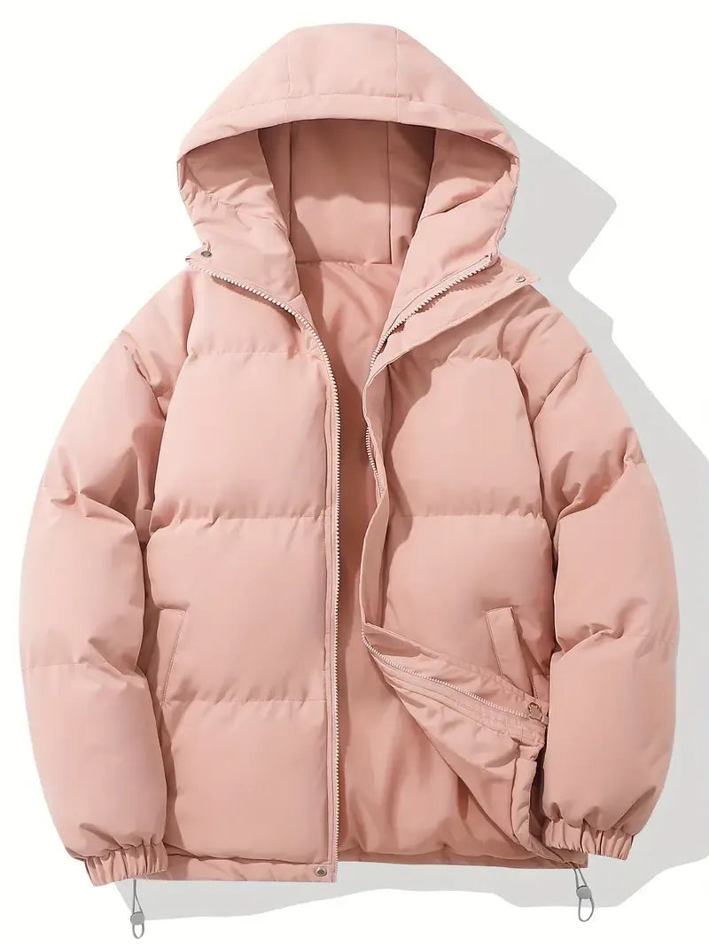 Hooded Puffer Jacket with Drawstring Hem - Pink