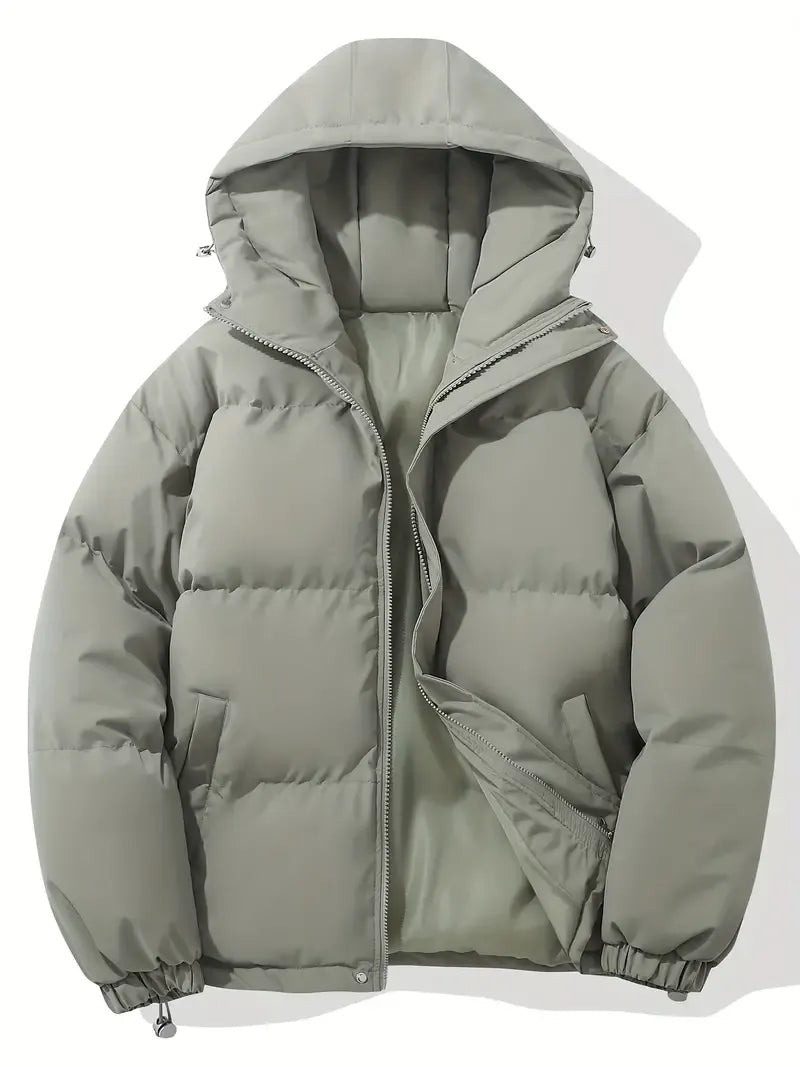 Hooded Puffer Jacket with Drawstring Hem - Light Grey