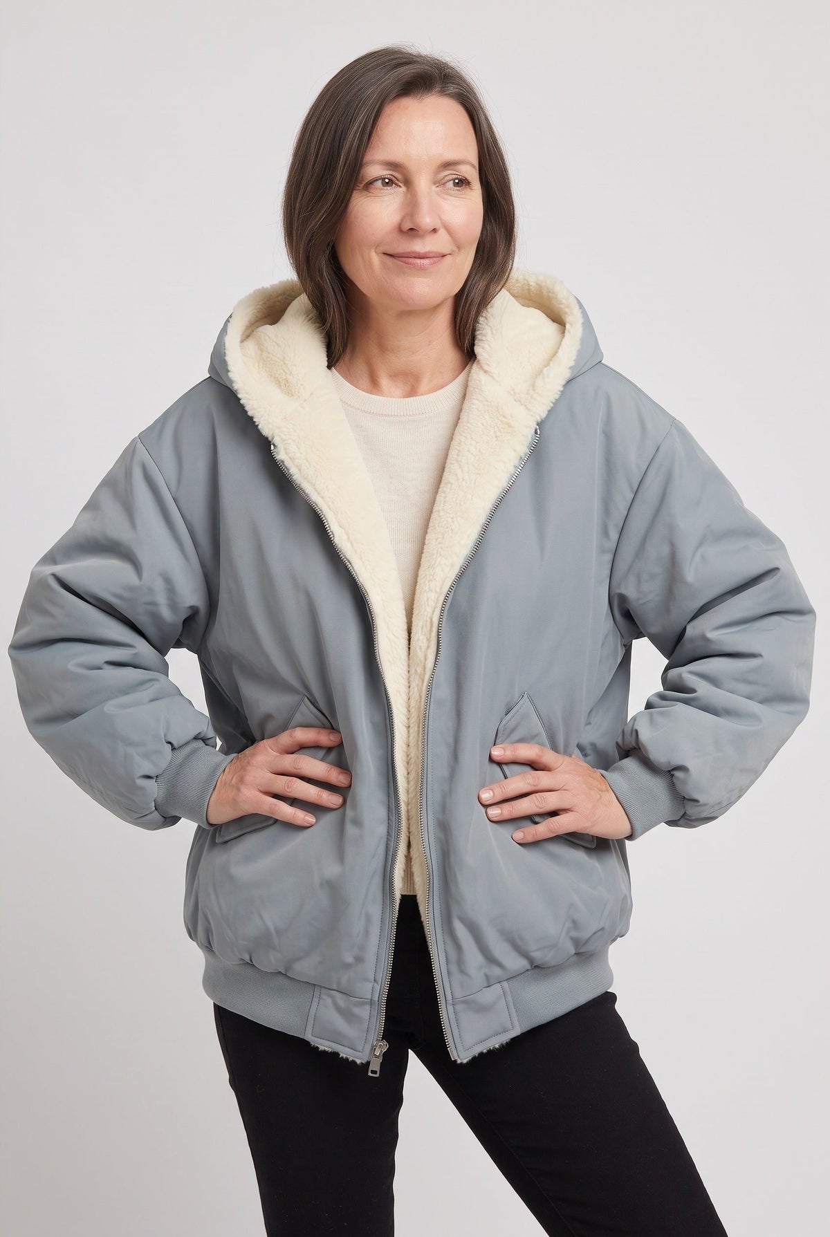 Oversized Hooded Puffer Jacket with Faux Fur Trim - Blue