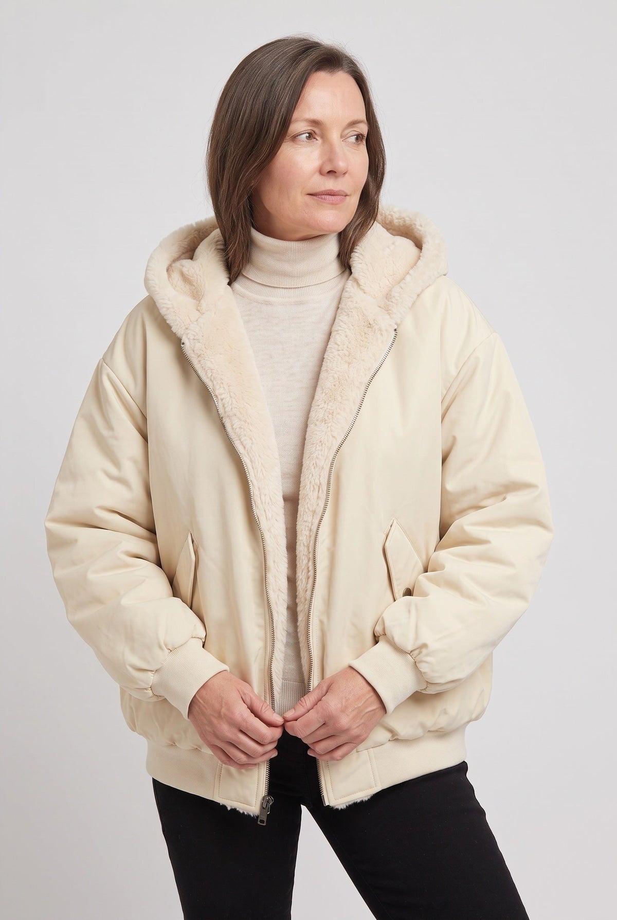 Oversized Hooded Puffer Jacket with Faux Fur Trim - White