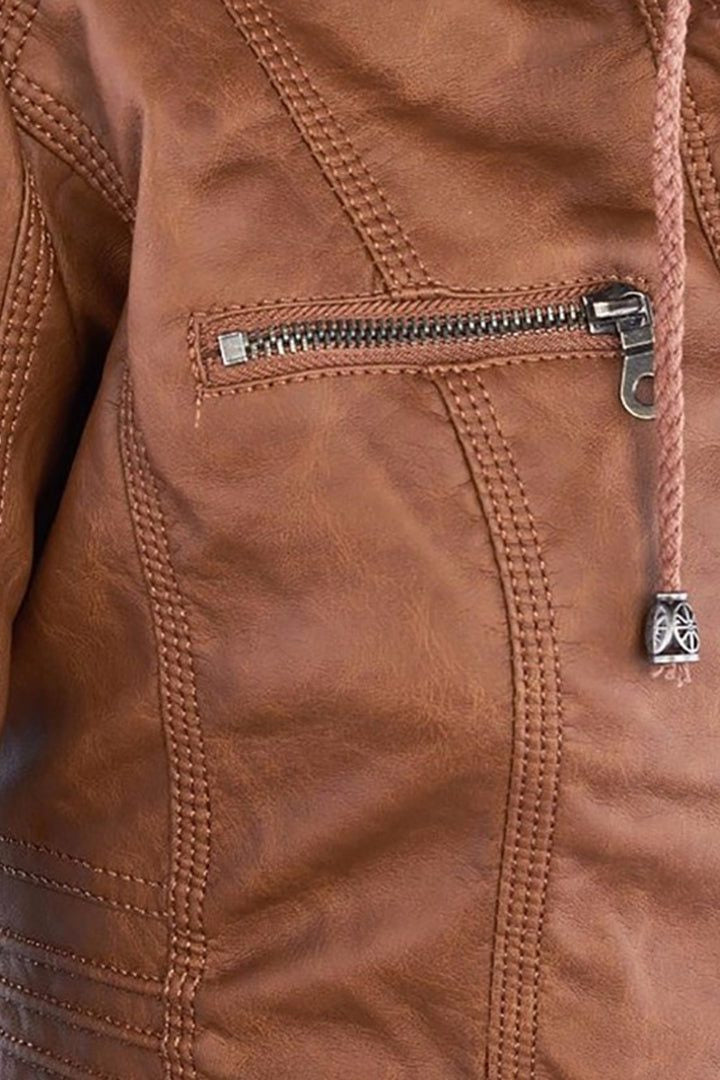 Hooded Leather-Look Zip Jacket - Light Brown