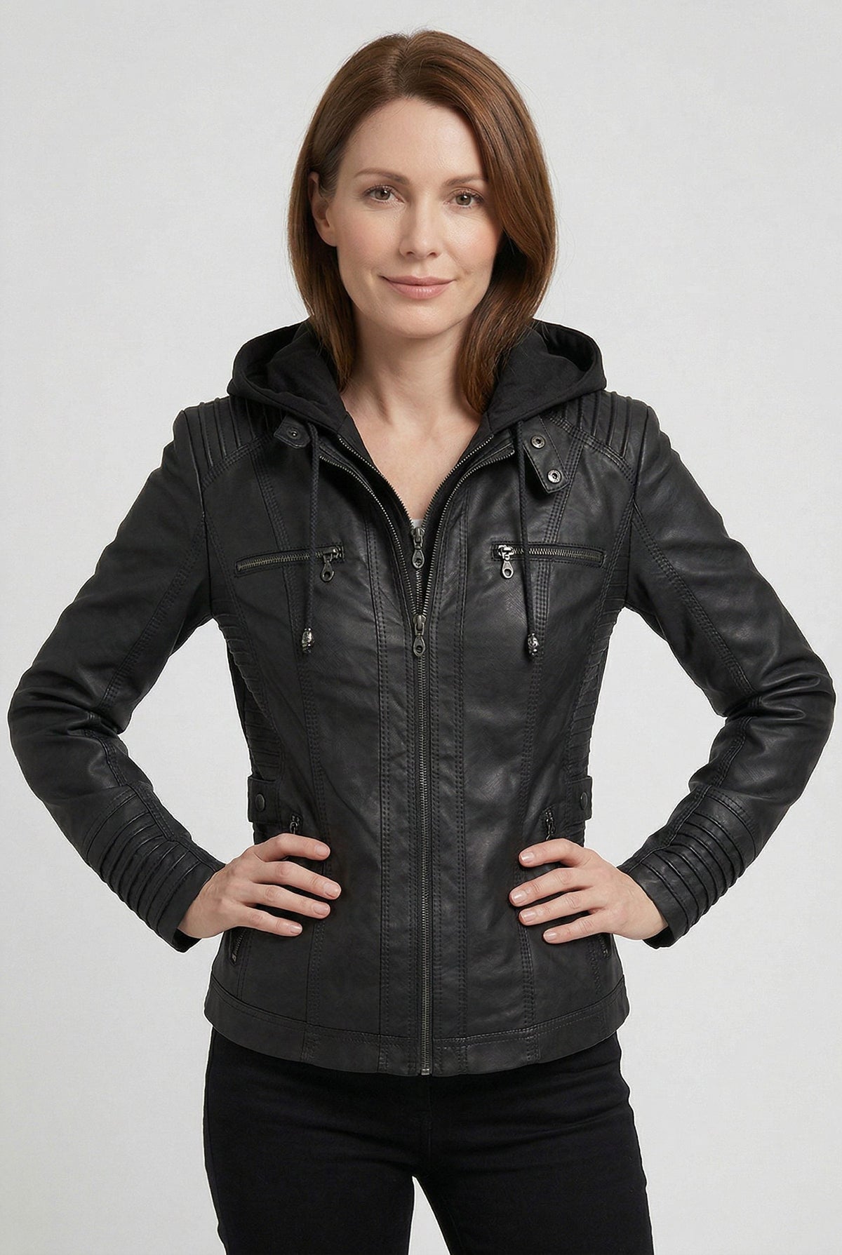 Hooded Leather-Look Zip Jacket - Black