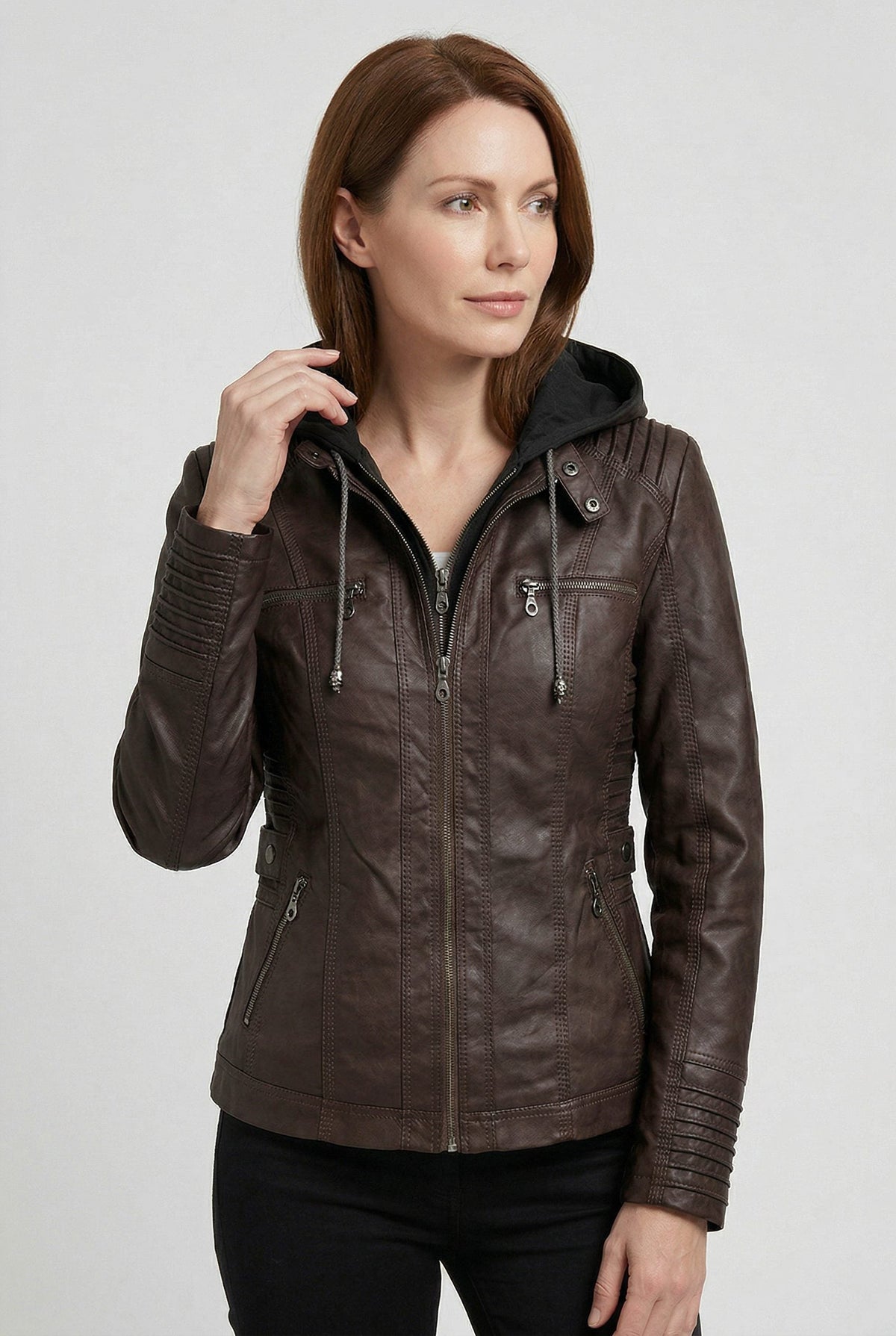 Hooded Leather-Look Zip Jacket - Brown