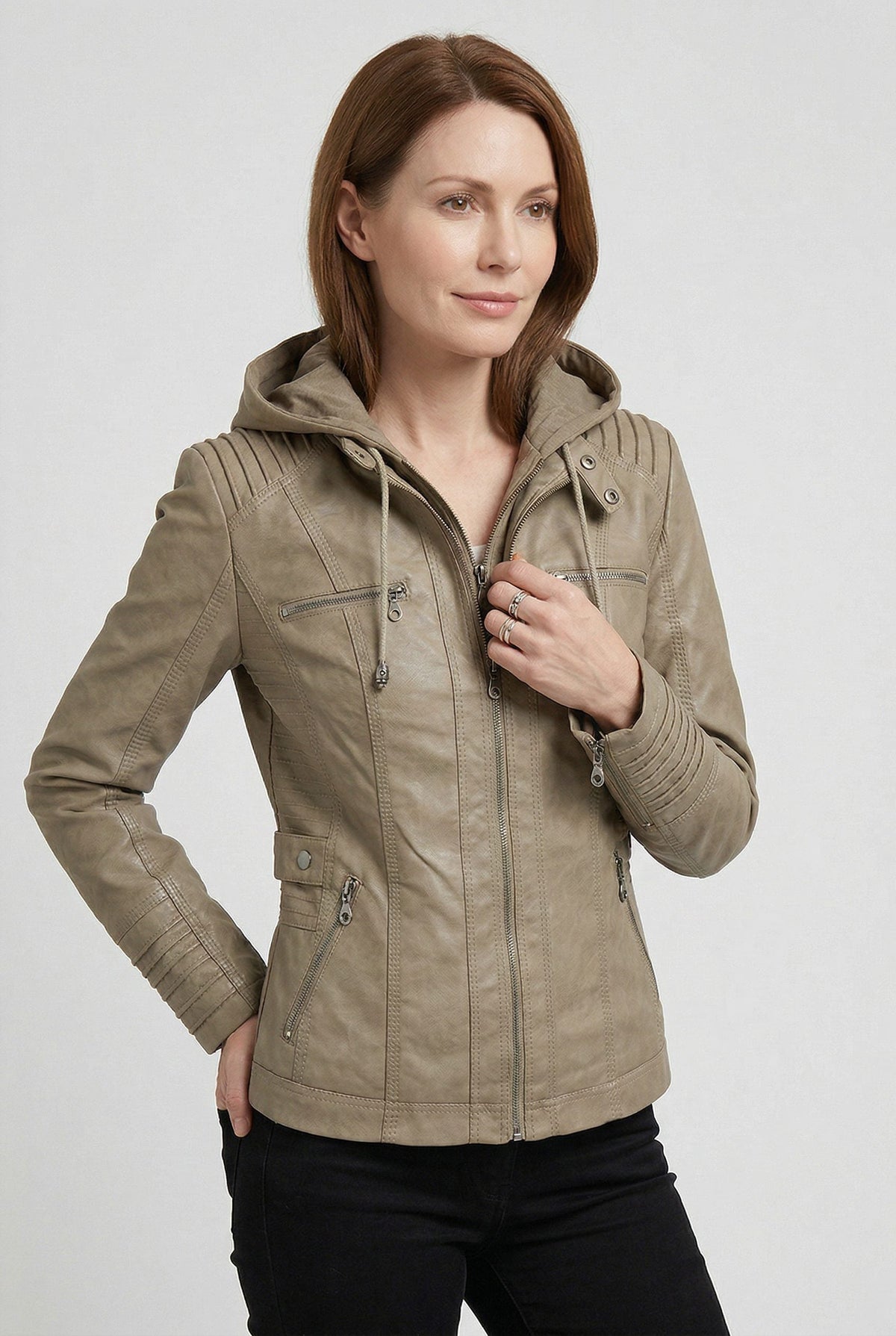 Hooded Leather-Look Zip Jacket - Beige