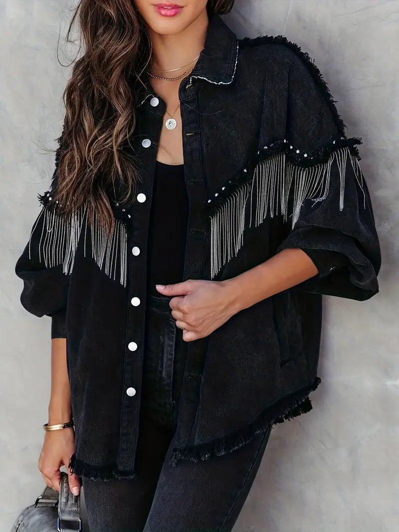 Fringed Denim Shirt Jacket - Black