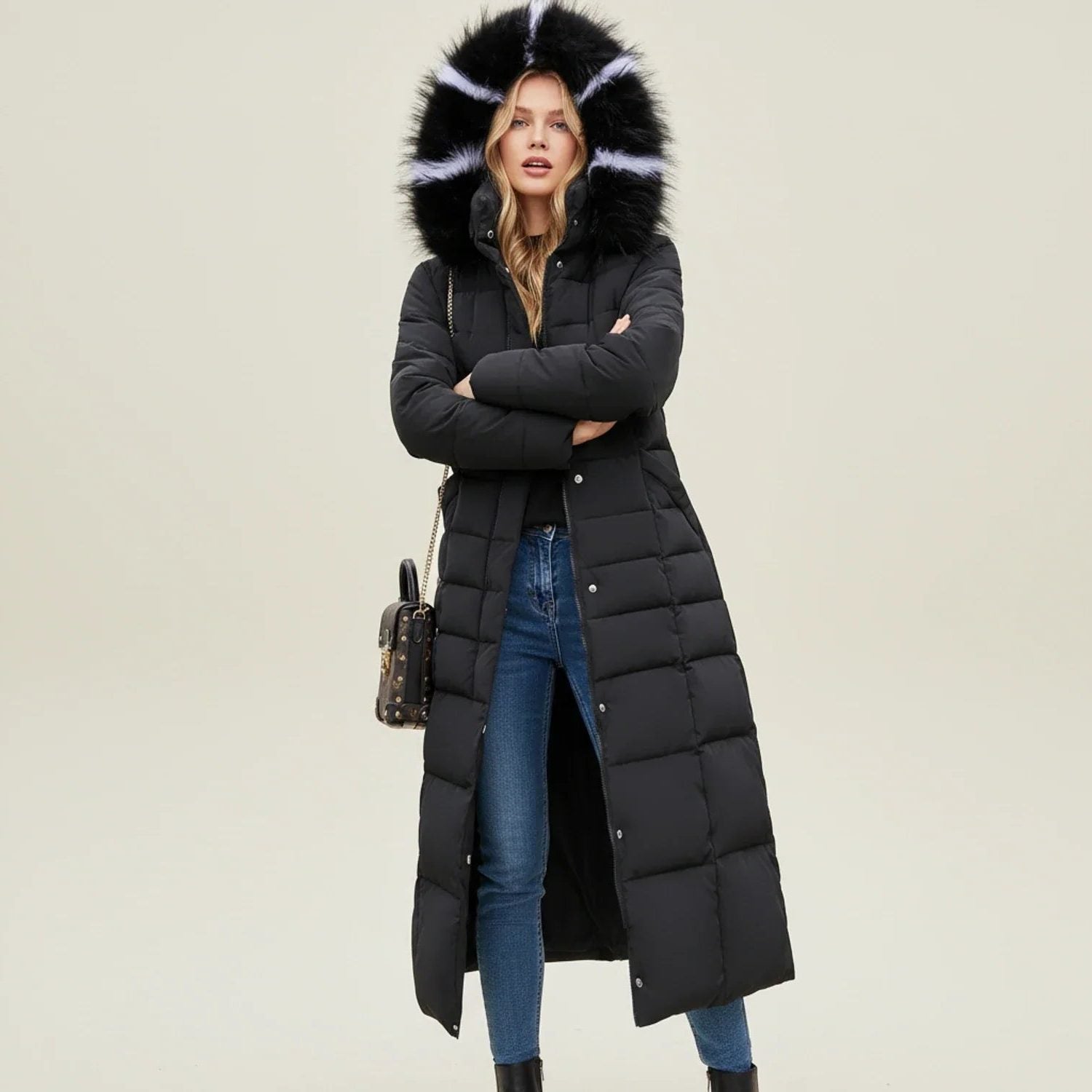 Belted Long Quilted Puffer Coat with Plush Trim - Black
