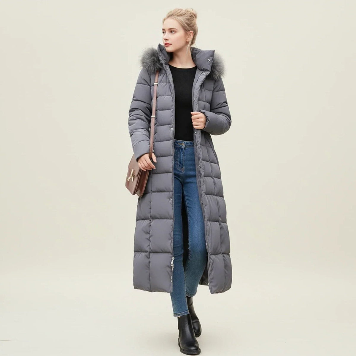 Belted Long Quilted Puffer Coat with Plush Trim - Dark Grey