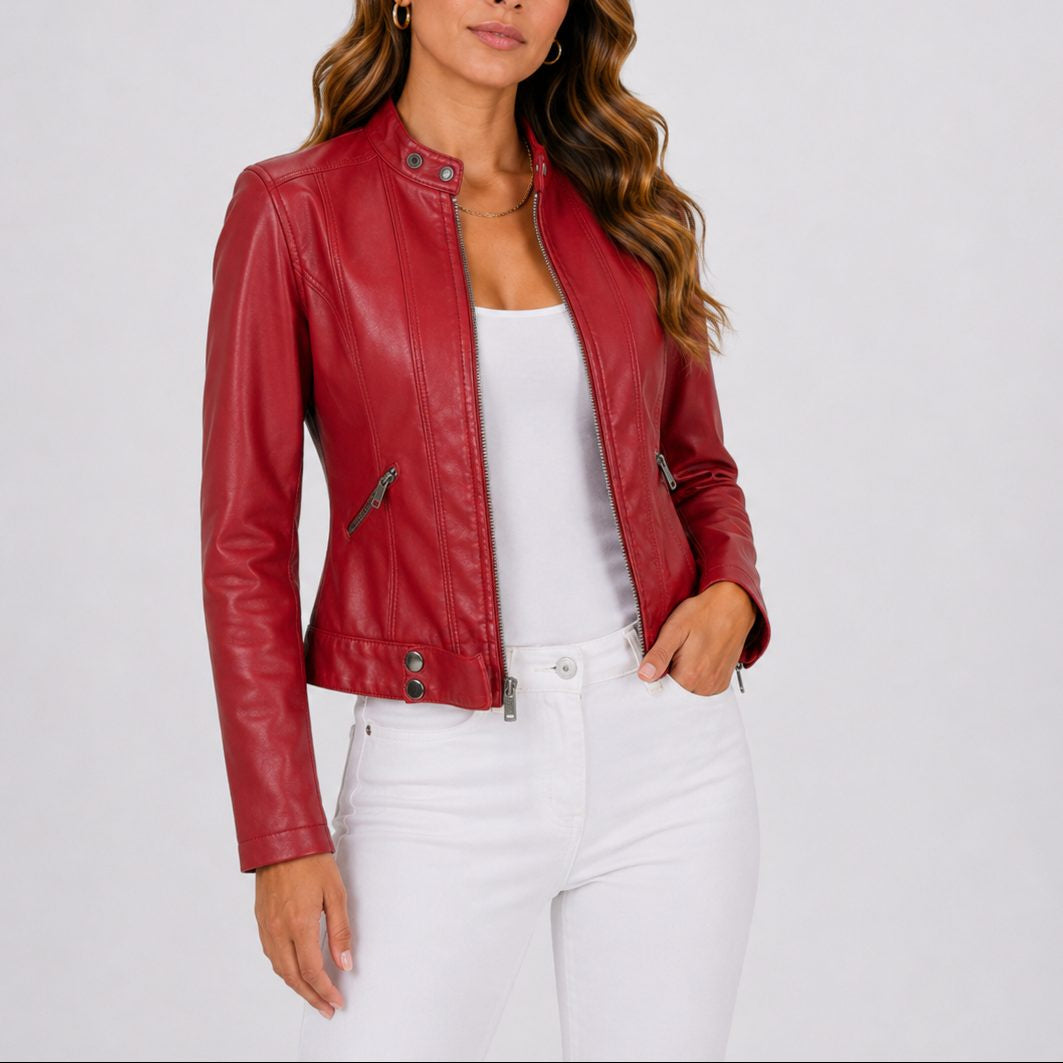 Cropped Leather-Look Jacket with Zip Pockets - Red