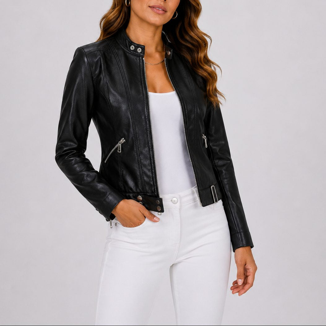Cropped Leather-Look Jacket with Zip Pockets - Black