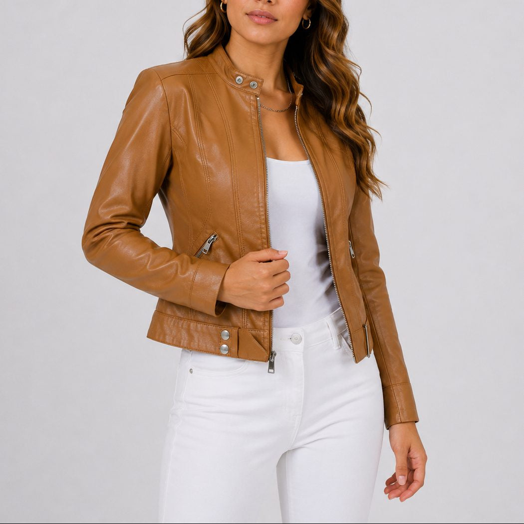 Cropped Leather-Look Jacket with Zip Pockets - Light Brown