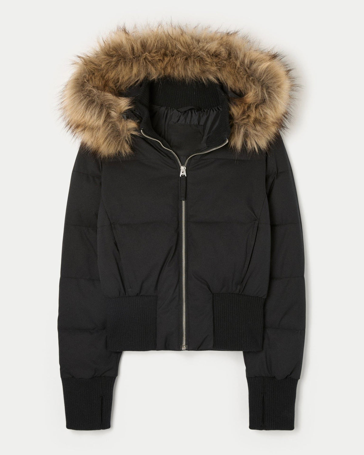 Cropped Hooded Puffer Jacket with Plush Collar - Black