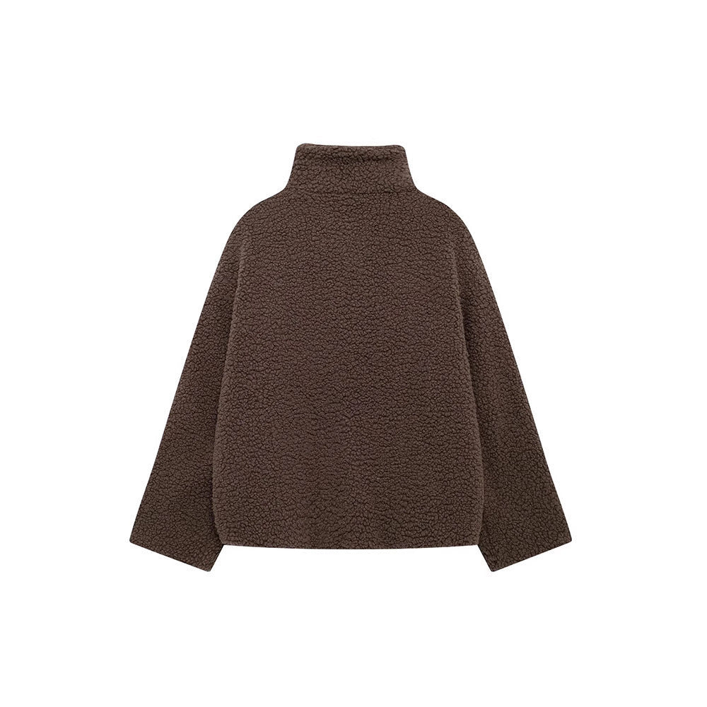 Zip-Up Teddy Jacket with Striped Shoulder Detail - Brown