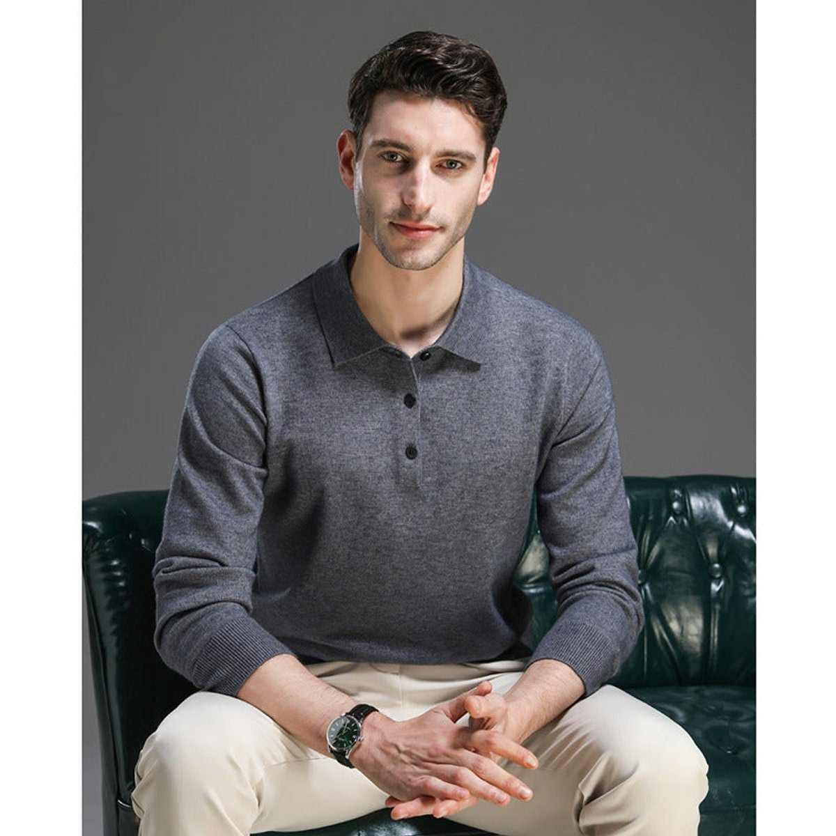 Long-Sleeve Polo-Collar Knit Jumper - Grey