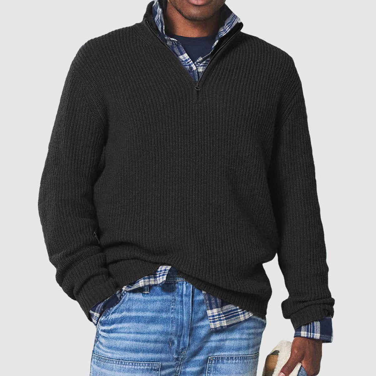 Textured Rib-Knit Quarter-Zip Jumper - Black