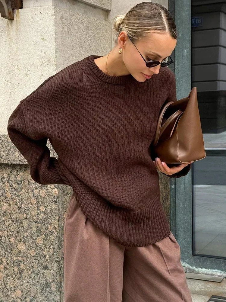 Oversized Crew-Neck Ribbed Jumper - Brown