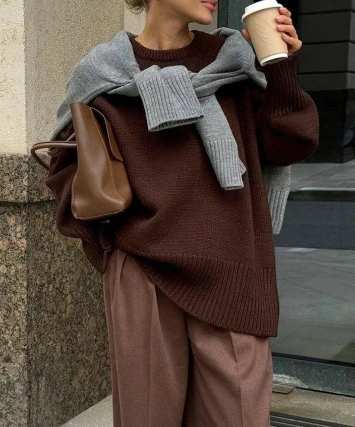 Oversized Crew-Neck Ribbed Jumper - Brown