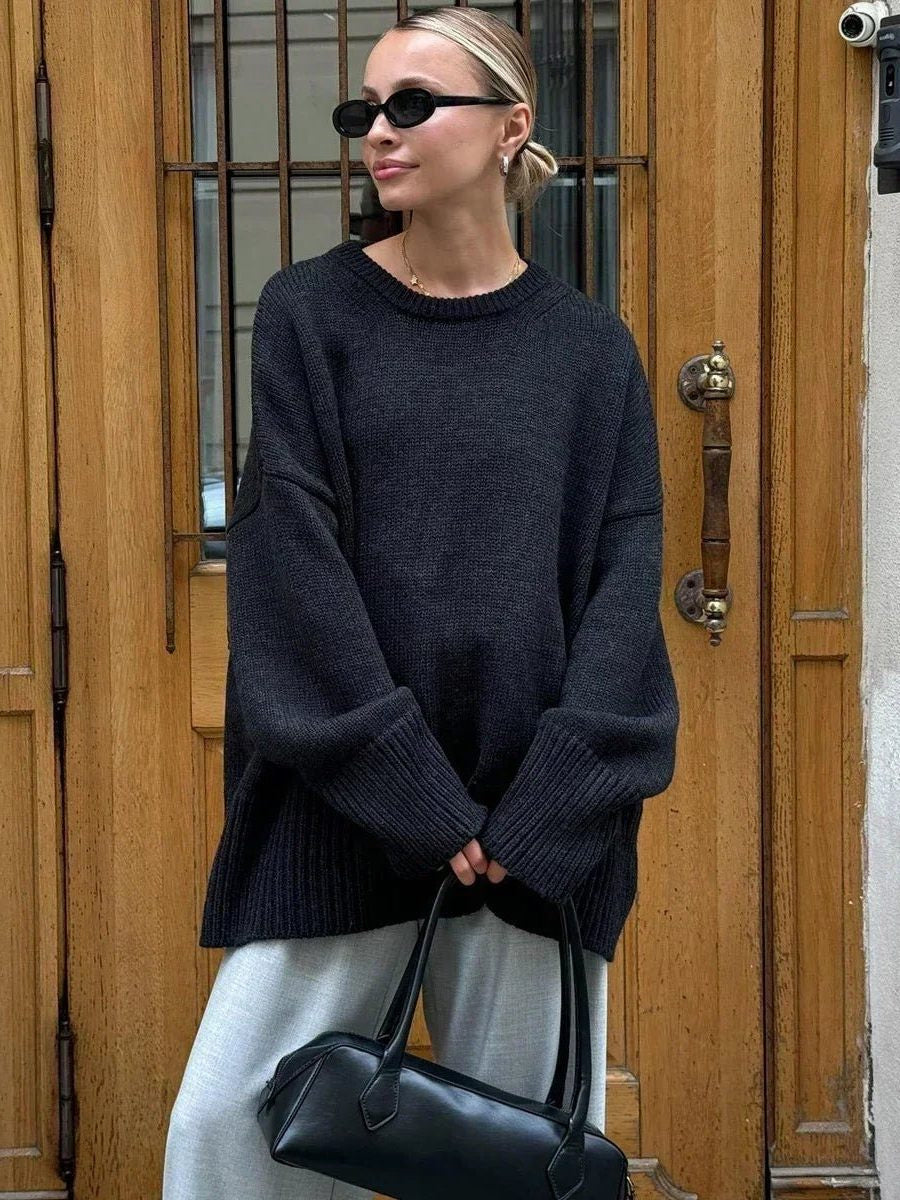 Oversized Crew-Neck Ribbed Jumper - Black