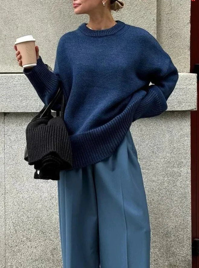Oversized Crew-Neck Ribbed Jumper - Blue
