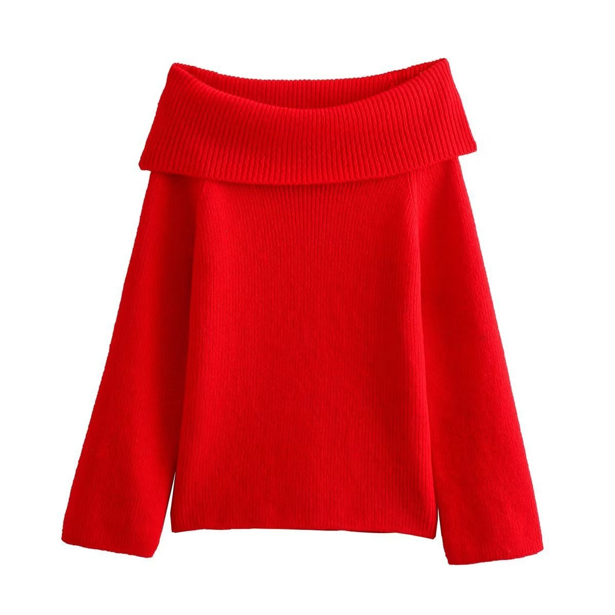 Off-Shoulder Jumper with Foldover Neckline - Red