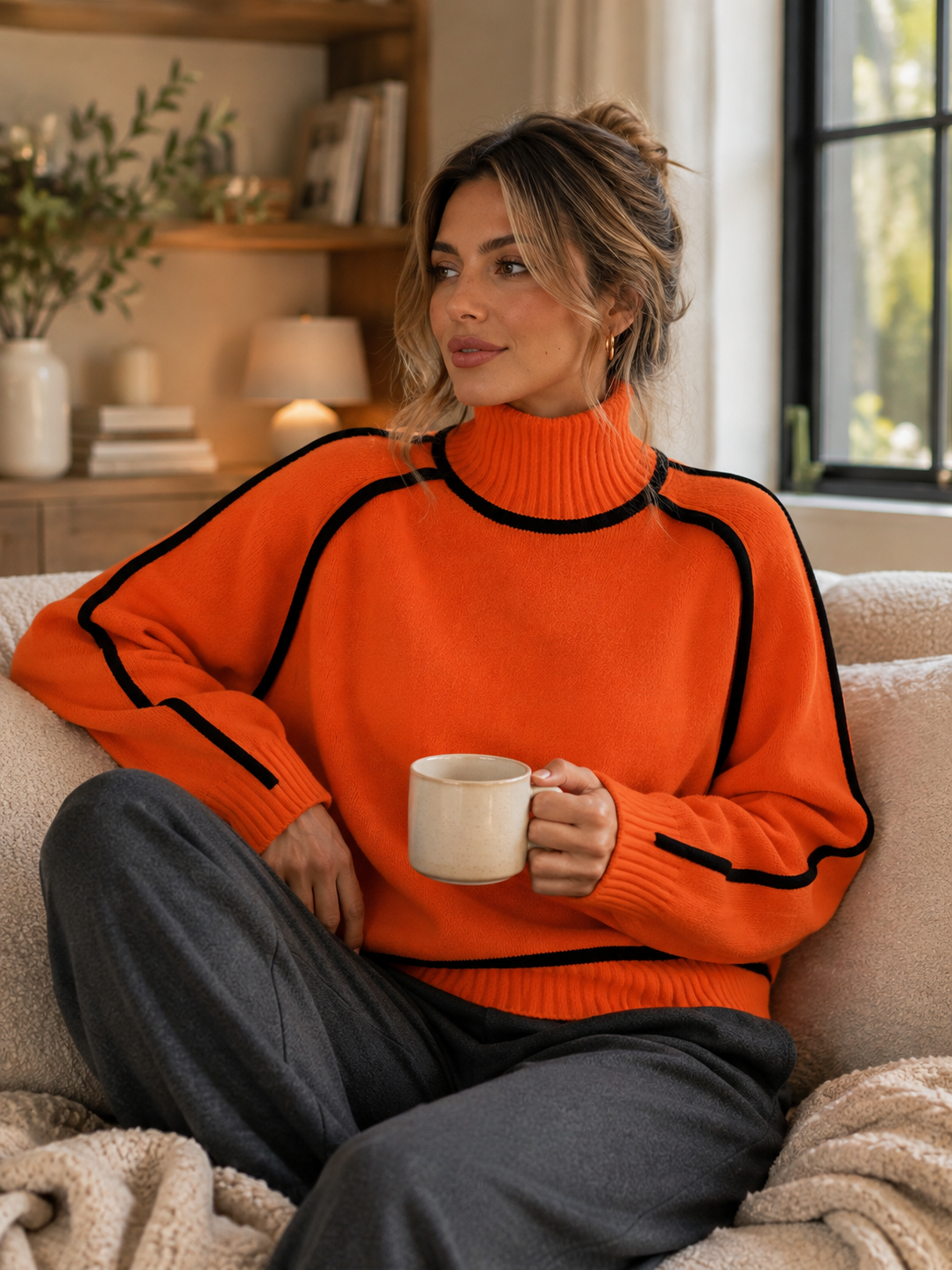 Oversized Roll-Neck Jumper with Contrast Piping - Orange
