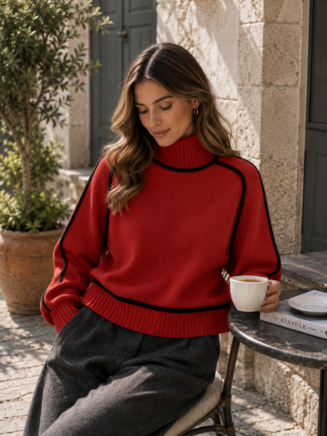 Oversized Roll-Neck Jumper with Contrast Piping - Red